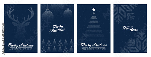 Set of four christmas and Happy New Year vector card designs with holiday ornaments, deer, christmas trees, and snowflake.