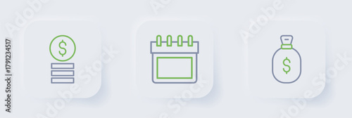 Set line Money bag, Calendar and Casino chip with dollar icon. Vector