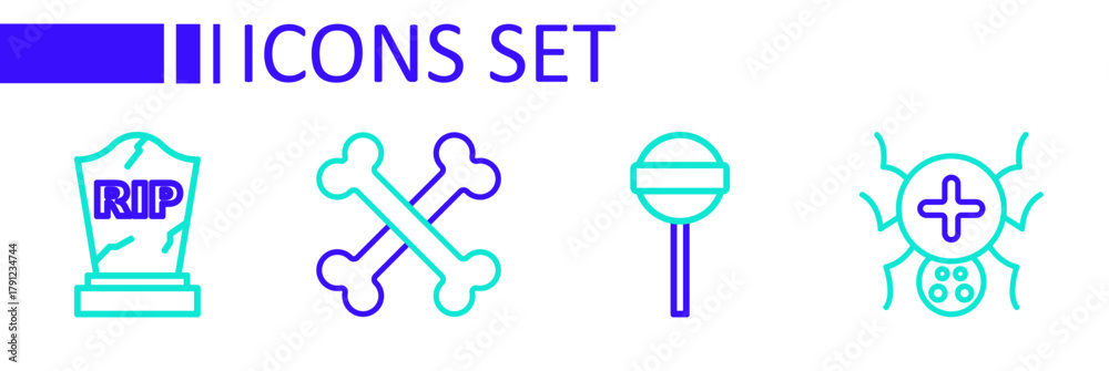 Obraz premium Set line Spider, Lollipop, Crossed bones and Tombstone with RIP written icon. Vector