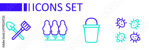 Set line Colorado beetle, Bucket, Fruit trees and Shovel and rake icon. Vector
