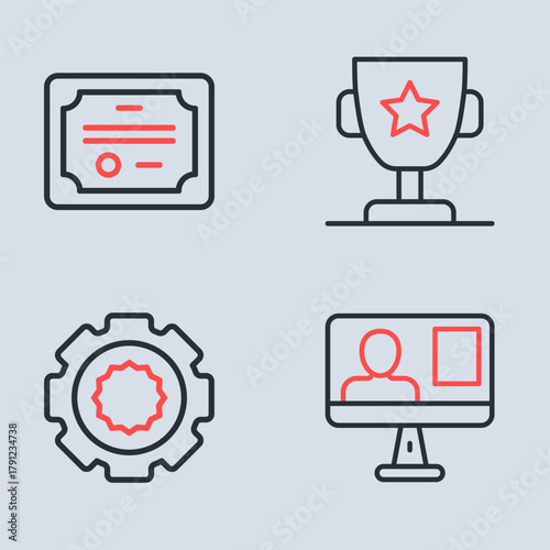 Set line Award cup, Gear, Online class and Certificate template icon. Vector