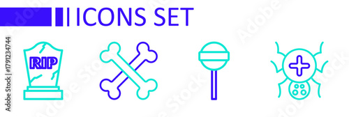 Set line Spider, Lollipop, Crossed bones and Tombstone with RIP written icon. Vector