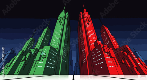 A digital illustration showcases two towering skyscrapers, one vibrant green and the other striking red, rising against a deep blue and black backdrop.