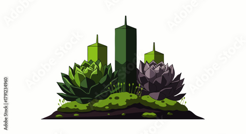 Stylized vector illustration of succulent plants and geometric shapes arranged on a mossy mound, creating a miniature, otherworldly landscape on white.