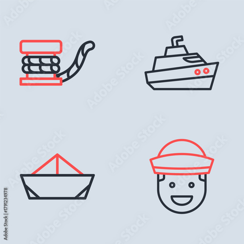 Set line Speedboat, Folded paper, Sailor and Marine bollard with rope icon. Vector