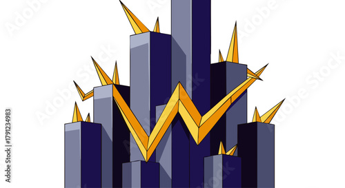 Abstract graphic of a stylized skyscraper cluster with sharp golden lightning bolts emanating from the tops and center.