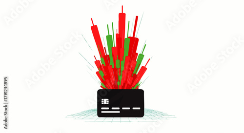 Financial market trading charts erupting from a black credit card symbolizing investment growth and volatility in finance.