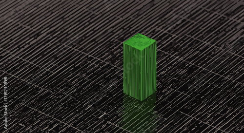 A green rectangular prism stands out against a dark, textured background, creating a striking contrast and minimalist aesthetic, suitable for backgrounds.