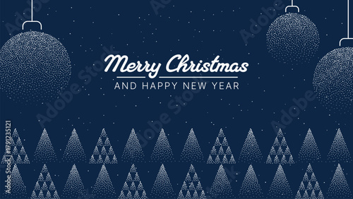 Merry Christmas and Happy New Year greeting card with decorative baubles and abstract trees pattern on a dark blue background.