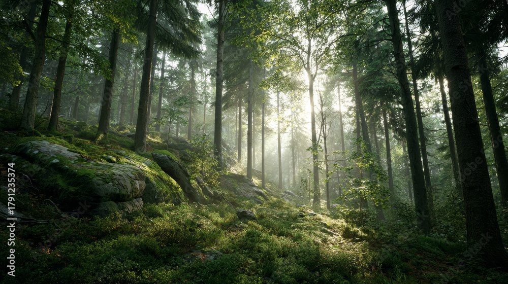 Fototapeta premium Harmony with Nature — Sun Rays in a Dense Forest