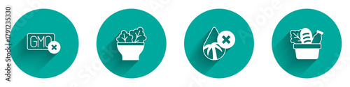 Set No GMO, Salad in bowl, Palm oil free and Shopping bag and food icon with long shadow. Vector