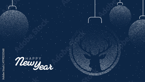 Happy New Year message on dark blue background with decorative Christmas ball design and reindeer silhouette for holiday greeting card.