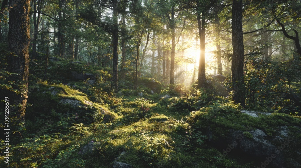 Fototapeta premium Harmony with Nature — Sun Rays in a Dense Forest