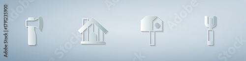 Set Wooden axe, Farm house, Bird and Garden pitchfork. Paper art style. Vector