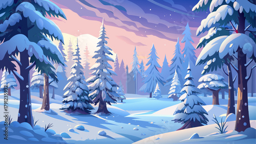 Very beautiful frosty winter landscape in a snowy forest with tall fir trees covered in white snow, creating a peaceful Christmas background and serene seasonal atmosphere.