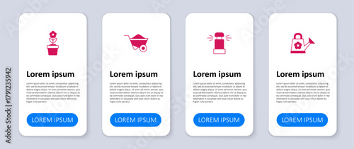 Set Watering can, Automatic irrigation sprinklers, Wheelbarrow and Flower pot. Business infographic template. Vector