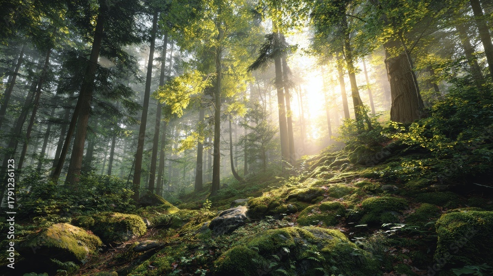 Fototapeta premium Harmony with Nature — Sun Rays in a Dense Forest