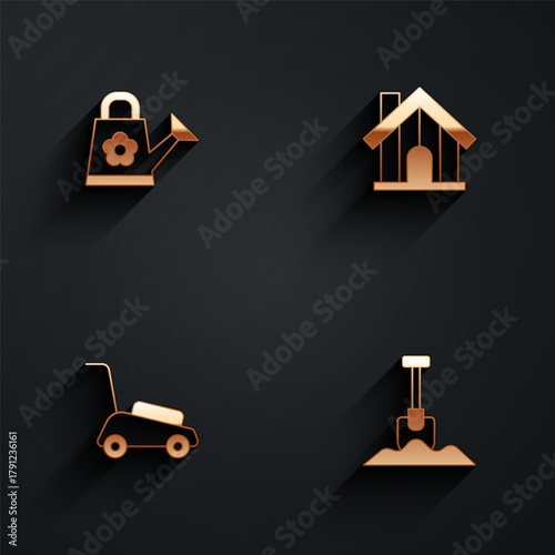 Set Watering can, Farm house, Lawn mower and Shovel icon with long shadow. Vector