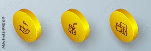 Set Isometric line Apple, Fresh smoothie and Calorie calculator icon. Vector