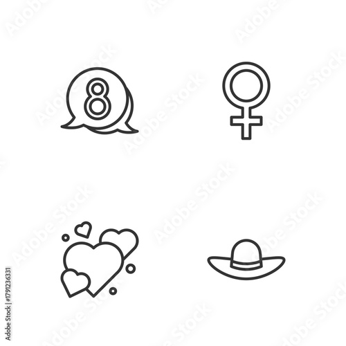 Set line Elegant women hat, Heart, 8 March in speech bubble and Female gender symbol icon. Vector