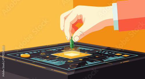 A precise human hand carefully places a tiny, glowing green component onto an advanced circuit board, symbolizing technological innovation and future computing development.
