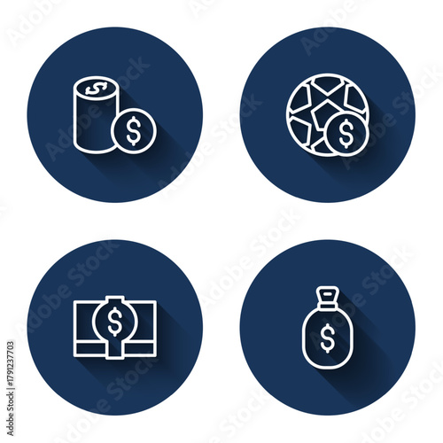 Set line Casino chip with dollar, Football betting money, Stacks paper cash and Money bag with long shadow. Blue circle button. Vector