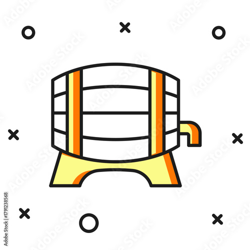 Filled outline Wooden barrel on rack with stopcock icon isolated on white background. Flat filled outline style with shadow. Vector