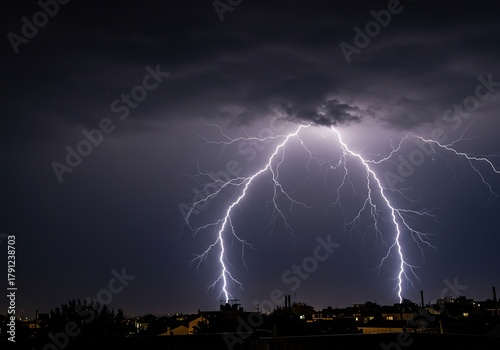 Dramatic lightning illuminates a tempestuous night sky, as heavy rain pours down during a severe and powerful nocturnal storm ,energy ,climate ,electricity