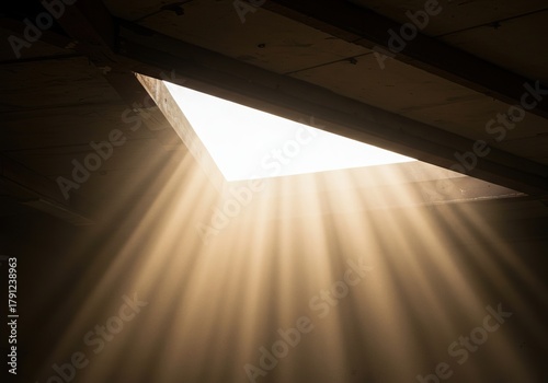 Dramatic ray of sunlight shining through a dusty indoor space, creating a beautiful contrast and heavenly glow ,opening ,purity ,peaceful