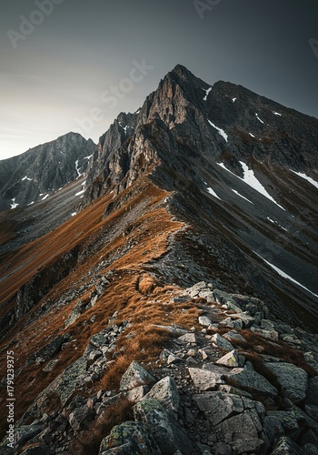 Dramatic rocky ascent of a colossal peak, revealing the challenging terrain and immense scale of nature. The powerful incline dominates the scene ,wilderness ,geology ,challenge