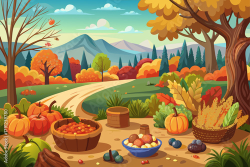 Autumn harvest of forest nuts on natural forest land, autumn nature seasonal background, organic food concept, rural countryside landscape, and outdoor soil composition.