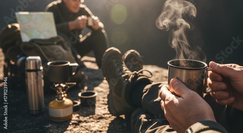 Hiker relaxing with a steaming cup of hot coffee in the morning sun. Man's hands holding a metal mug during a camping trip break