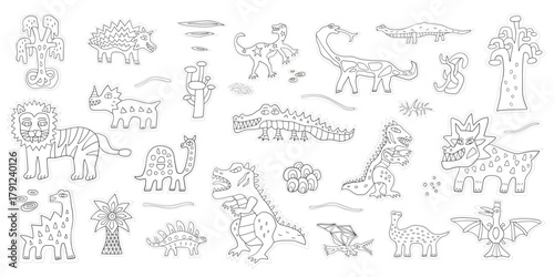 Dinosaurs doodle set hand drawn vector illustrations 