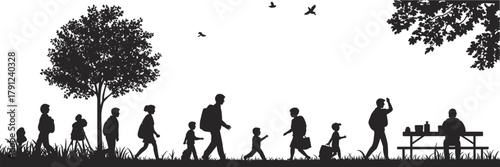 Park silhouette illustration, family walking scene, nature leisure artwork, black and white design, outdoor gathering, peaceful moment, vintage style