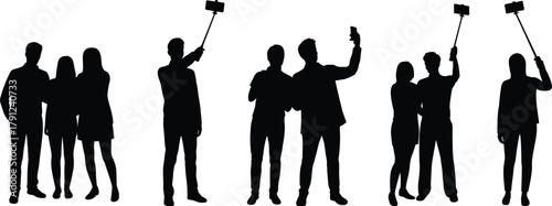 Selfie silhouette set, people taking selfies, mobile phone pose, selfie stick usage, black vector illustration, modern behavior, white background