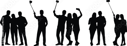Selfie silhouette set, pairs posing with smartphones and selfie sticks, black vector illustration, social icon, modern behavior, white background