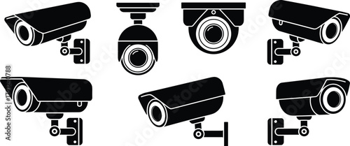Security camera silhouettes, surveillance equipment icons, bullet and dome styles, black vector design, isolated graphic asset, safety system illustration, CCTV symbols