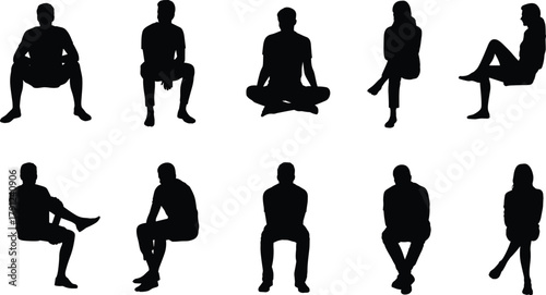 Seated posture silhouettes, black vector icons, human sitting poses, leg and arm positions, body language design, gesture illustration pack