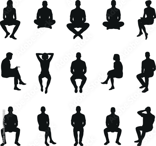 Seated pose, human silhouette, sitting, posture, gesture, icon, vector, black, white, minimal, people, body language, casual