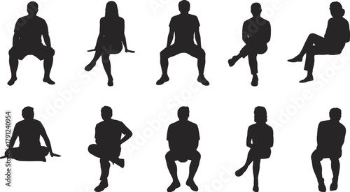 Seated figure silhouettes, sitting posture icons, human body positions, vector illustration, black white contrast, ergonomic design, pose variety, gesture set