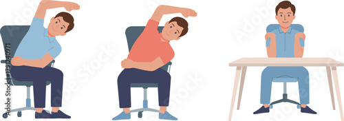 Seated desk stretches, office chair exercises, ergonomic movements, workplace wellness, arm and torso stretches, healthy posture, vector illustrations, isolated design asset