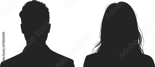Profile silhouettes, male female icons, hairstyle comparison, vector people, black white contrast, gender representation, anonymous figures, design symmetry