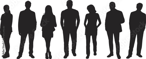 Professional silhouette set, diverse individuals in business attire, standing poses, black vector illustration, corporate icon, formal figure, white background