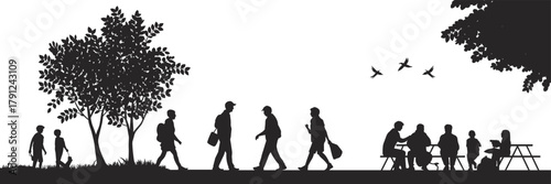 Park silhouette scene, people walking, picnic group, trees and birds, outdoor leisure, community life, black and white, nature, urban, peaceful