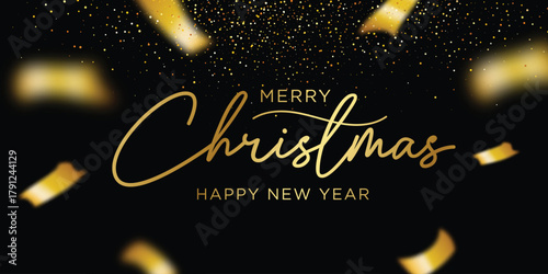 Merry Christmas and New Year card design. Gold glitter decoration, falling sparkling dust texture