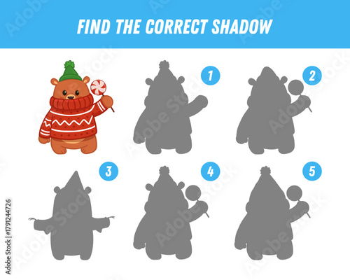 Find correct shadow of cute brown bear. Educational logical game for kids. Cartoon teddy bear with candy. Vector illustration