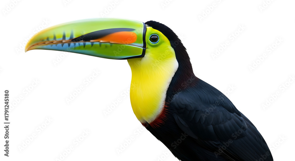 Obraz premium Close up of a Keel billed Toucan with vibrant green yellow and blue beak, cutout, PNG isolated on white or transparent background