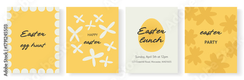 Happy Easter set of banners , invitations, greeting cards, posters, holiday covers. Modern design with abstract and floral elements , eggs in yellow and white. Vector illustration.