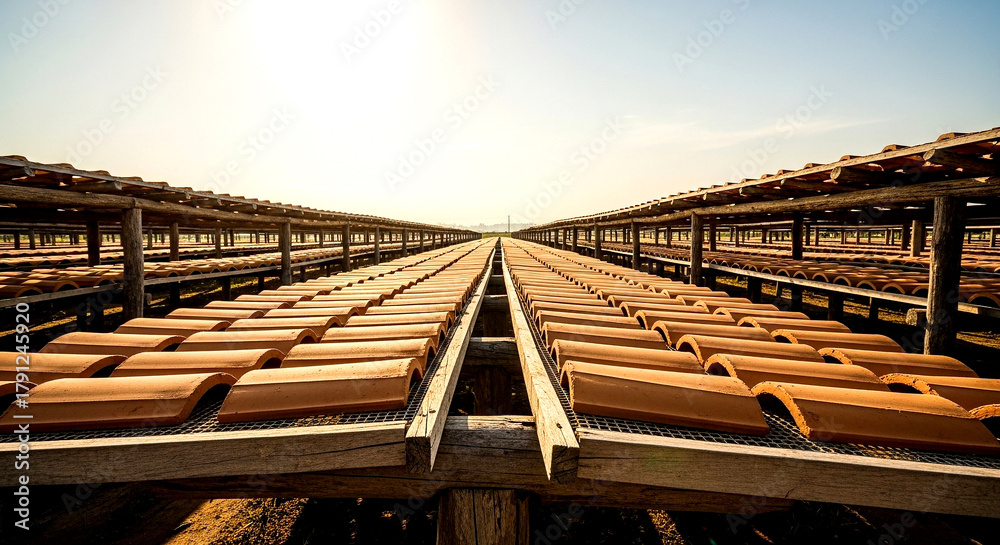 Fototapeta premium Terracotta Roof Tiles Drying On Racks Outdoors