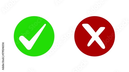 Animated pop-up green check mark and red cross X symbol on transparent background. A checkmark in and out motion graphics animation. Video footage of yes or no, true or false with alpha channel